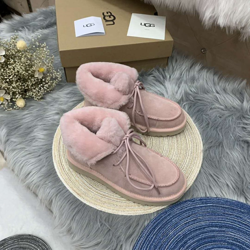 Pink Lace-Up Ankle Boots with Turn-Out Plush Trim | 3090