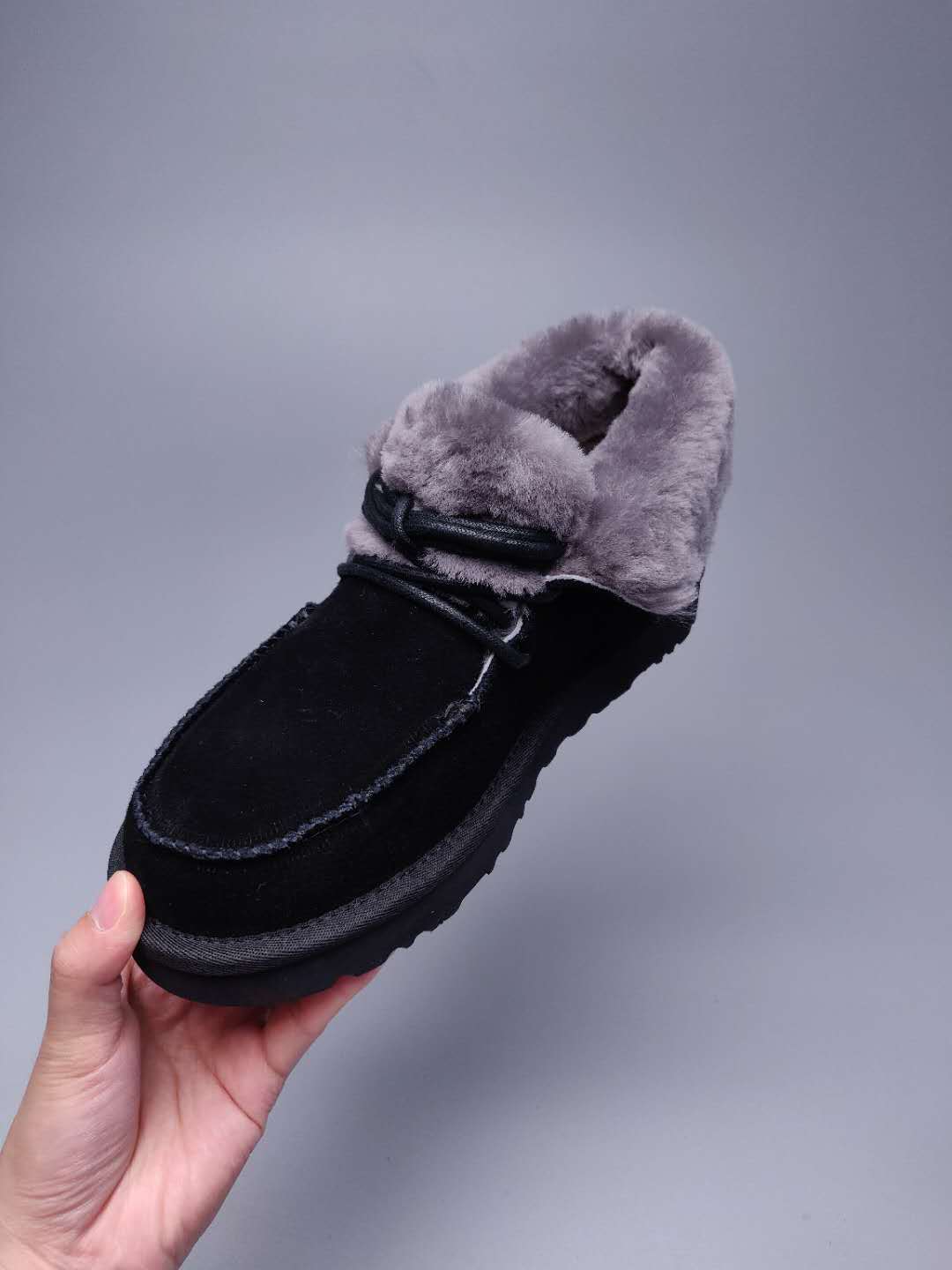 Black Lace-Up Ankle Boots with Turn-Out Plush Trim | 3090
