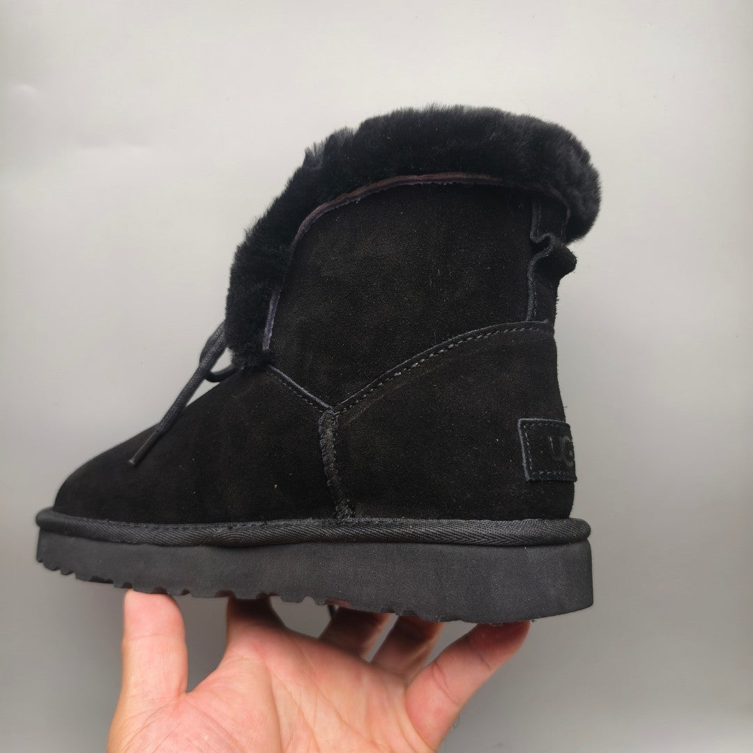 Black Lace-Up Mid-Calf Casual Boots – 4576
