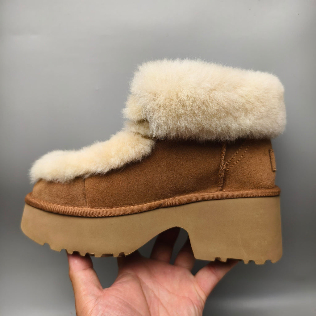Chestnut Lace-Up Wedge Ankle Boots with Plush Trim | 1532