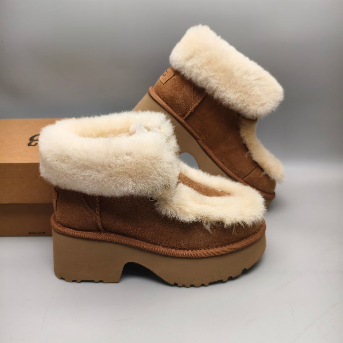 Chestnut Lace-Up Wedge Ankle Boots with Plush Trim | 1532