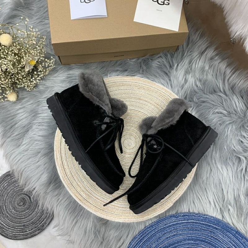 Black Lace-Up Ankle Boots with Turn-Out Plush Trim | 3090