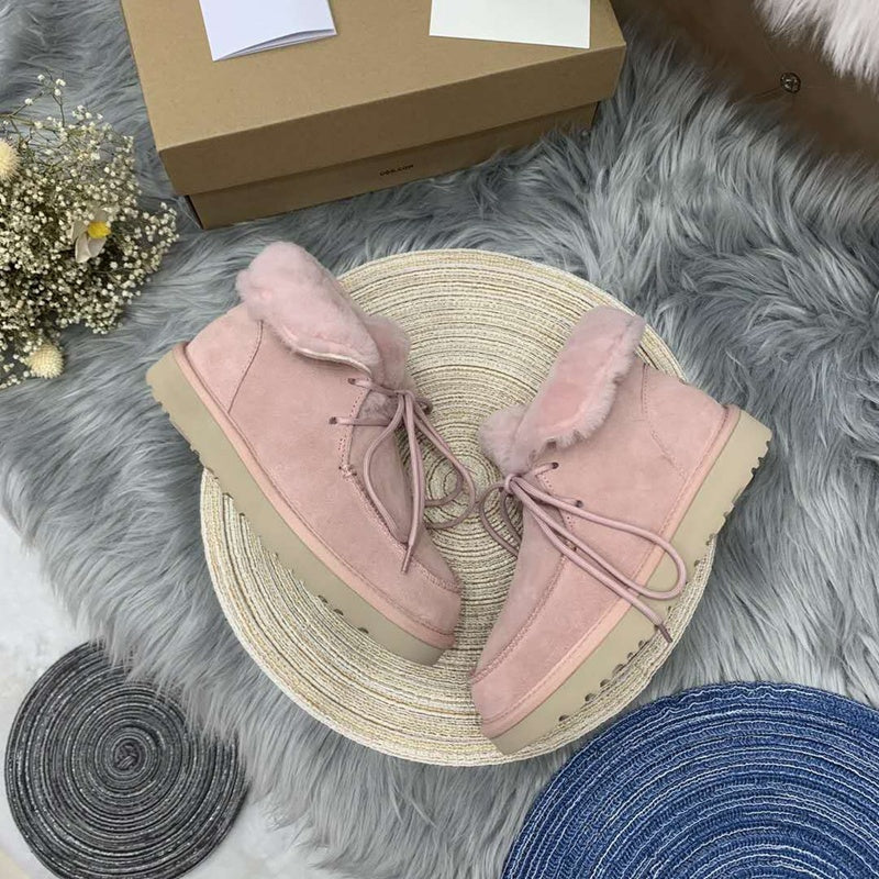 Pink Lace-Up Ankle Boots with Turn-Out Plush Trim | 3090