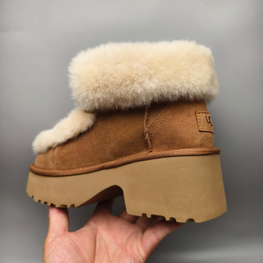 Chestnut Lace-Up Wedge Ankle Boots with Plush Trim | 1532