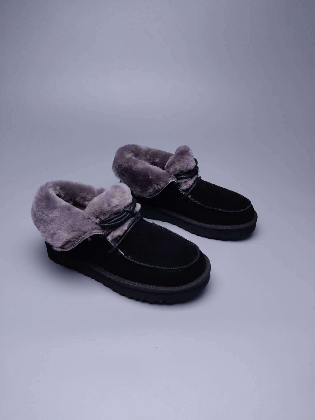 Black Lace-Up Ankle Boots with Turn-Out Plush Trim | 3090