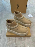Folk-Inspired Suede Shearling Boots with Sock Cuff | 1125956