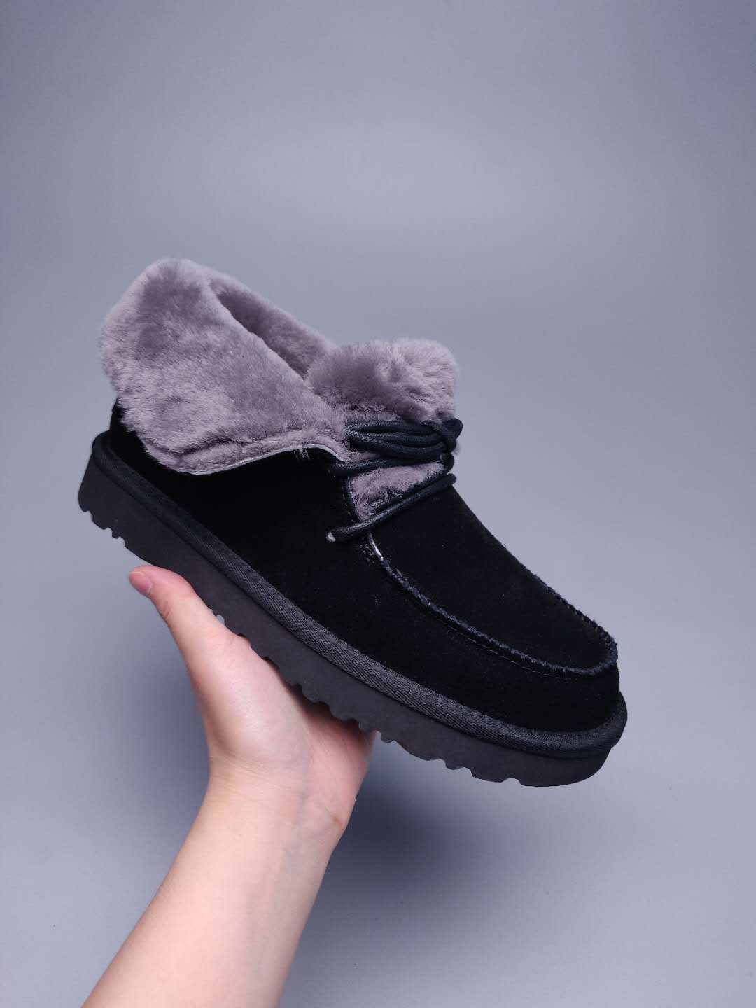 Black Lace-Up Ankle Boots with Turn-Out Plush Trim | 3090