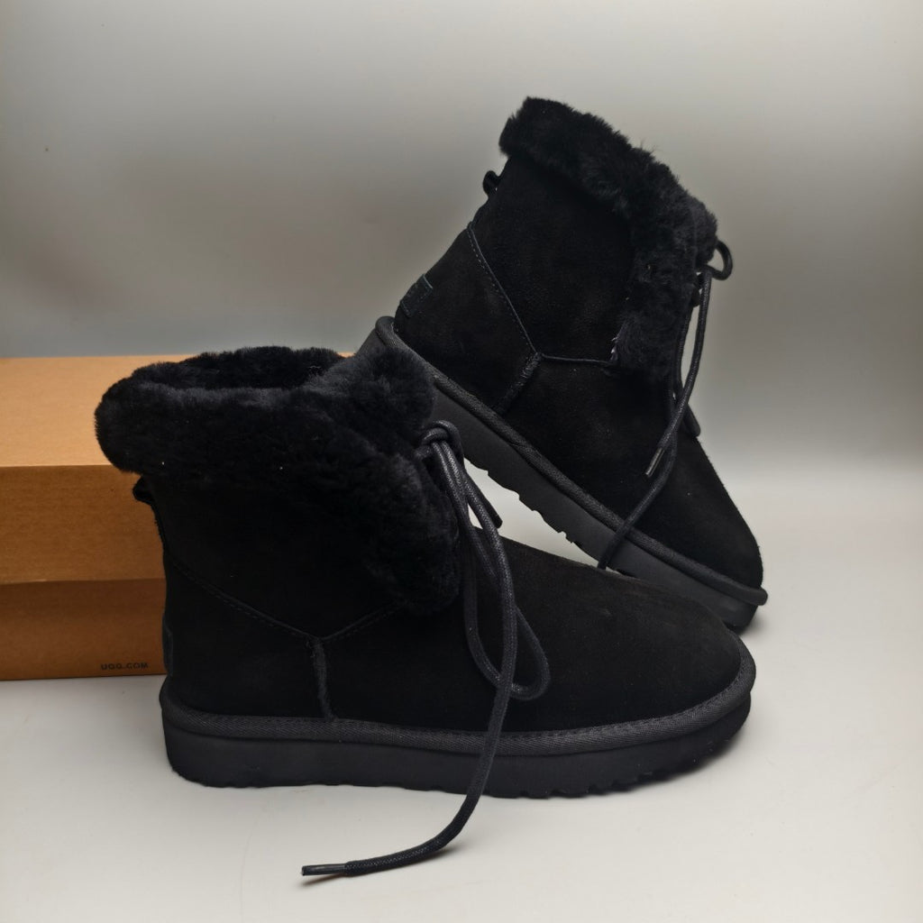 Black Lace-Up Mid-Calf Casual Boots – 4576