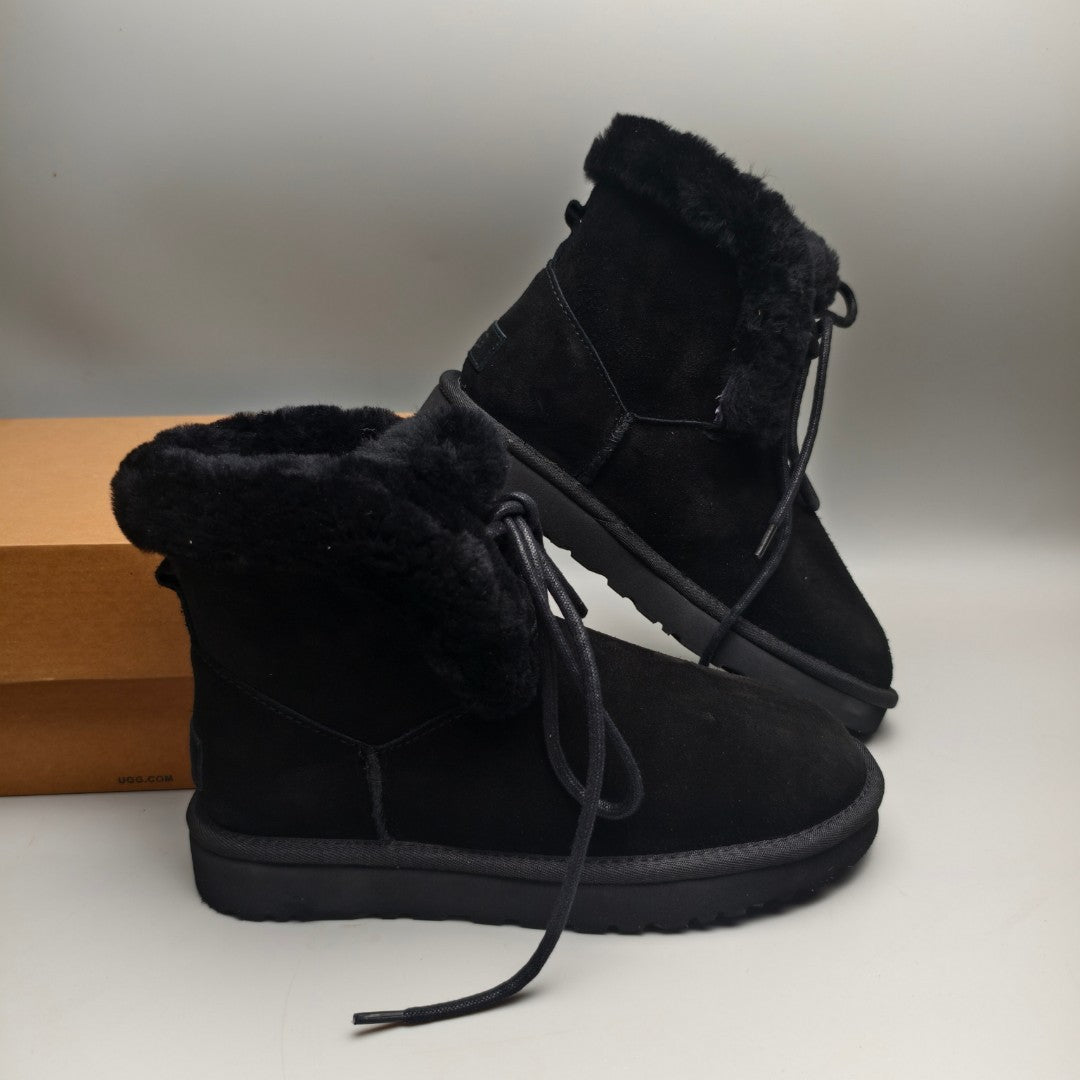 Black Lace-Up Mid-Calf Casual Boots – 4576
