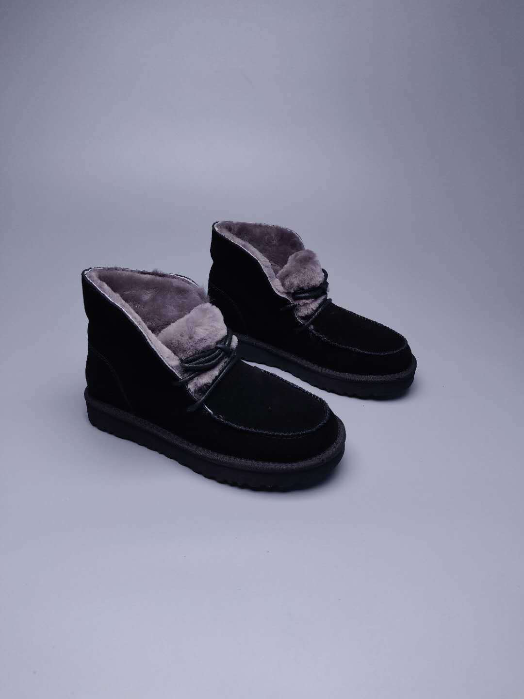 Black Lace-Up Ankle Boots with Turn-Out Plush Trim | 3090