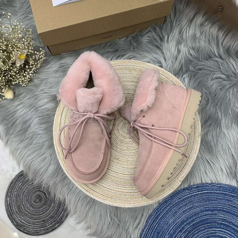 Pink Lace-Up Ankle Boots with Turn-Out Plush Trim | 3090