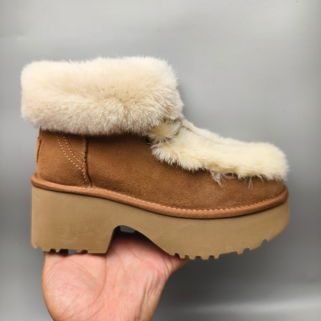 Chestnut Lace-Up Wedge Ankle Boots with Plush Trim | 1532