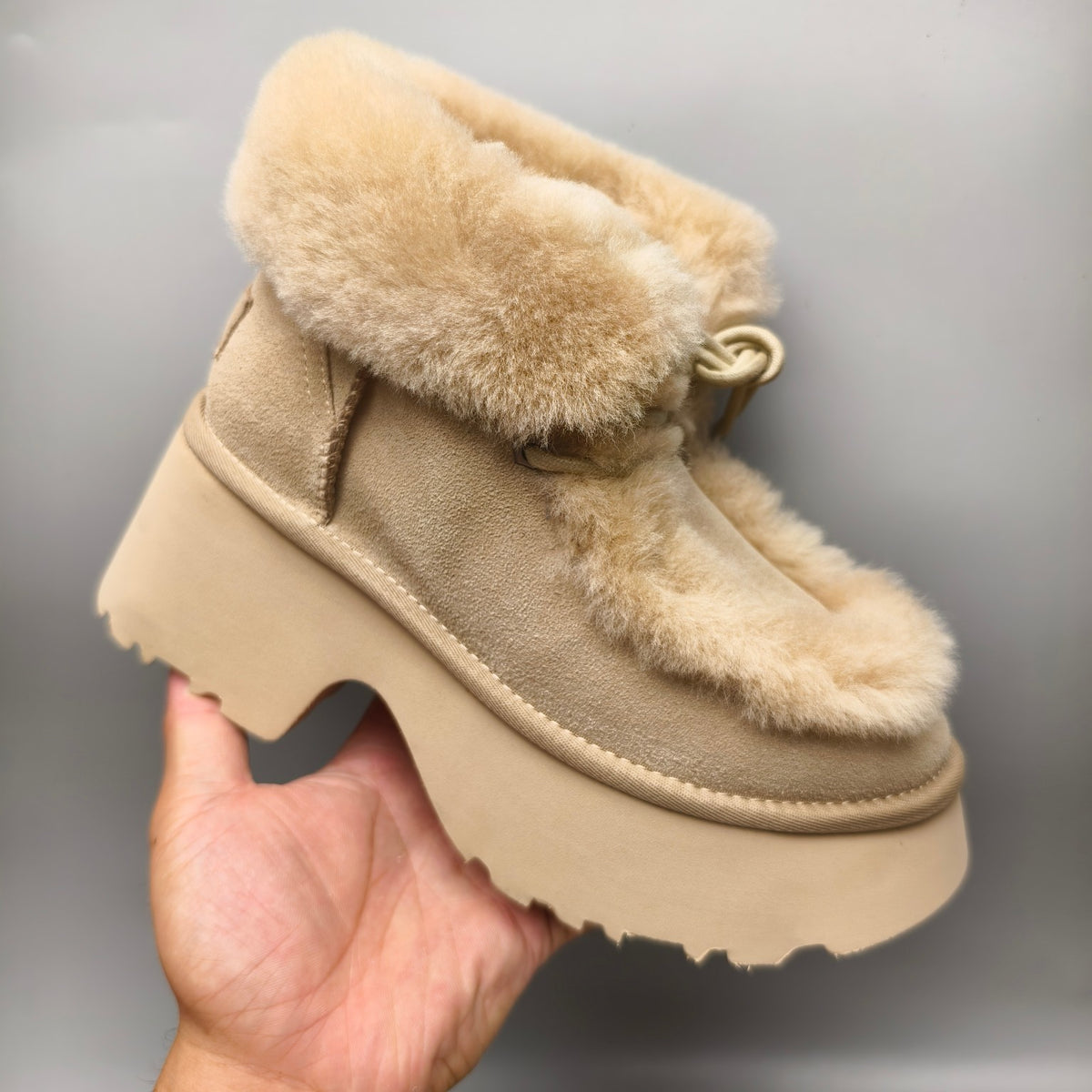 Mustard Lace-Up Wedge Ankle Boots with Plush Trim | 1532