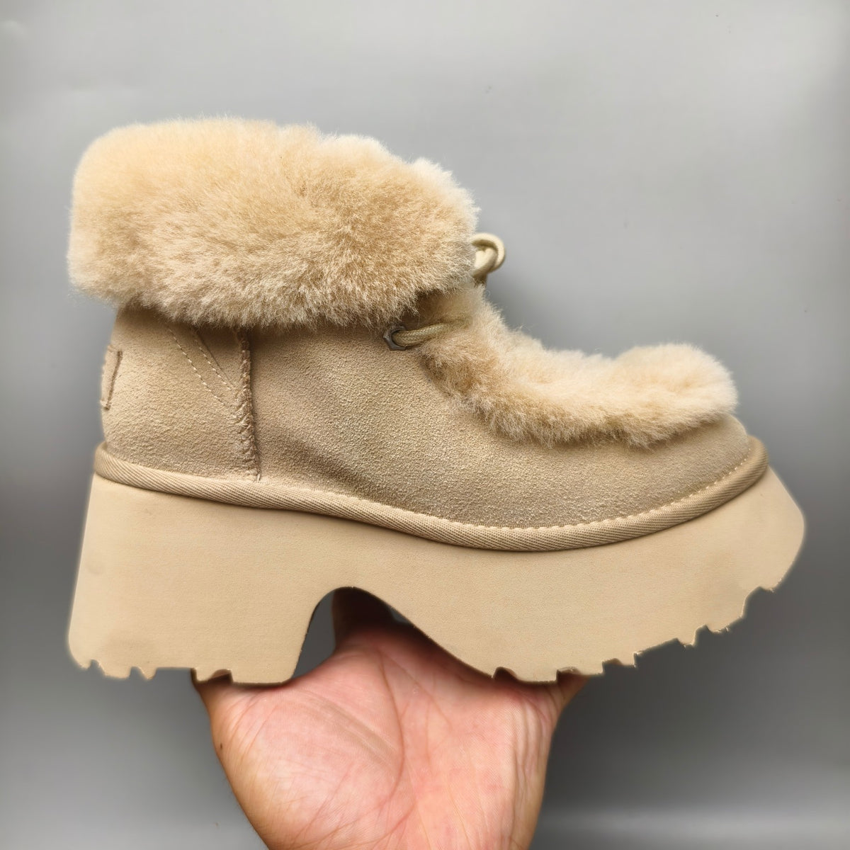 Mustard Lace-Up Wedge Ankle Boots with Plush Trim | 1532