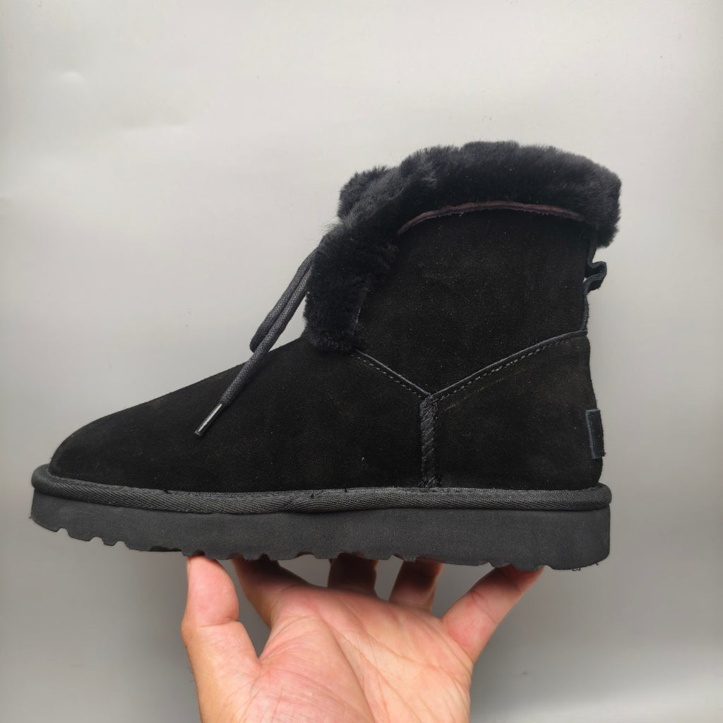 Black Lace-Up Mid-Calf Casual Boots – 4576