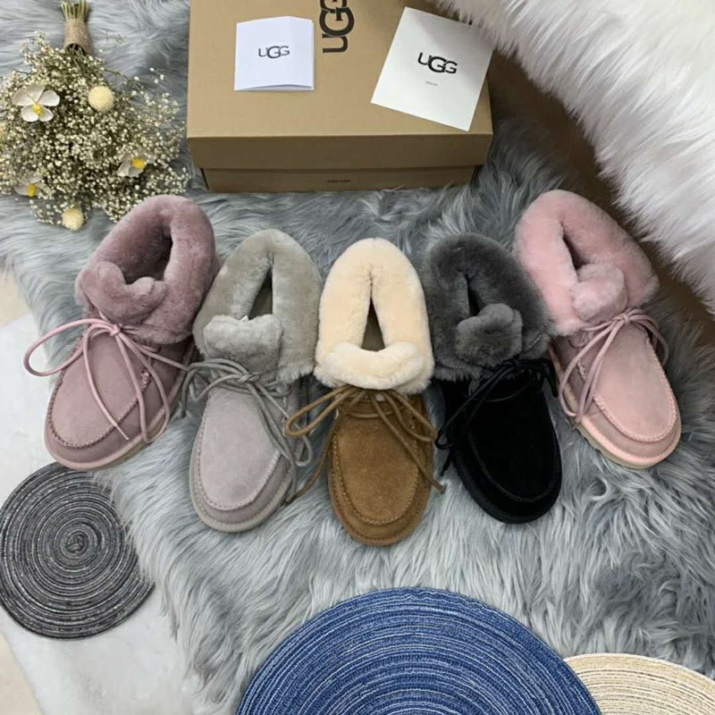 Pink Lace-Up Ankle Boots with Turn-Out Plush Trim | 3090