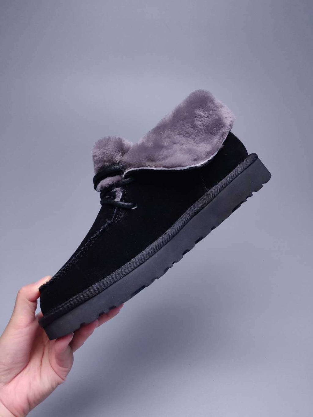 Black Lace-Up Ankle Boots with Turn-Out Plush Trim | 3090
