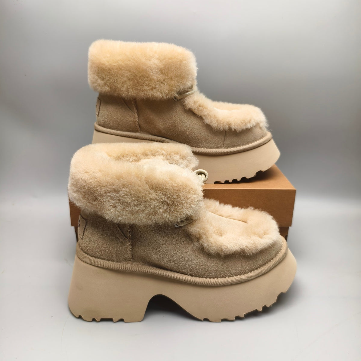 Mustard Lace-Up Wedge Ankle Boots with Plush Trim | 1532