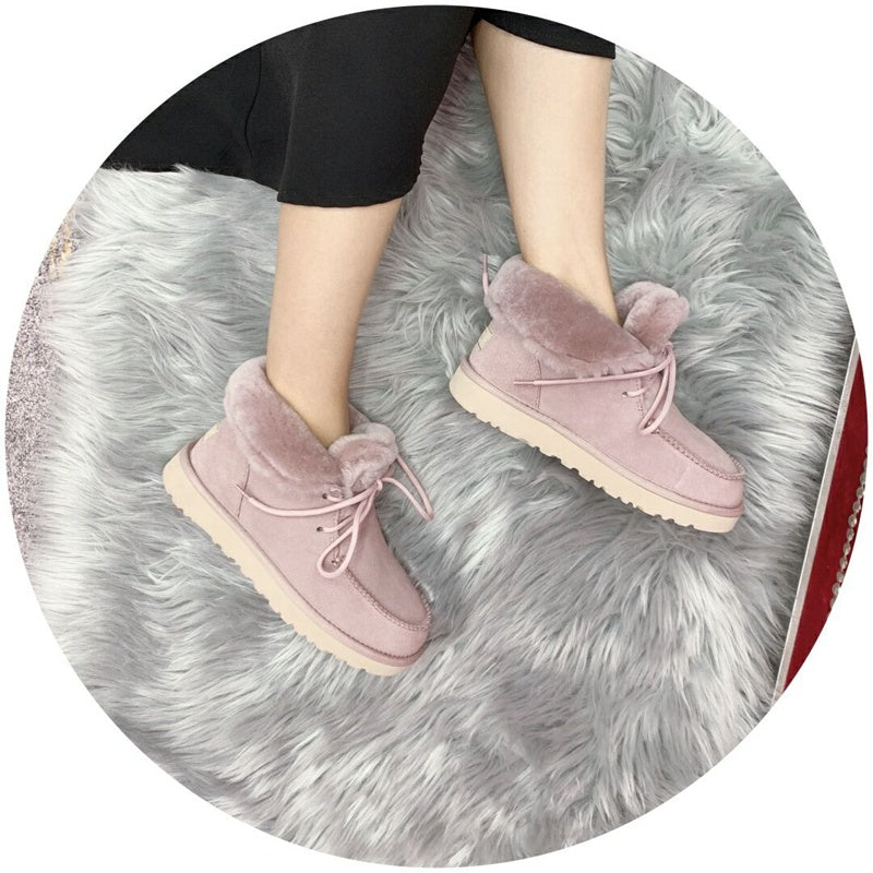 Pink Lace-Up Ankle Boots with Turn-Out Plush Trim | 3090