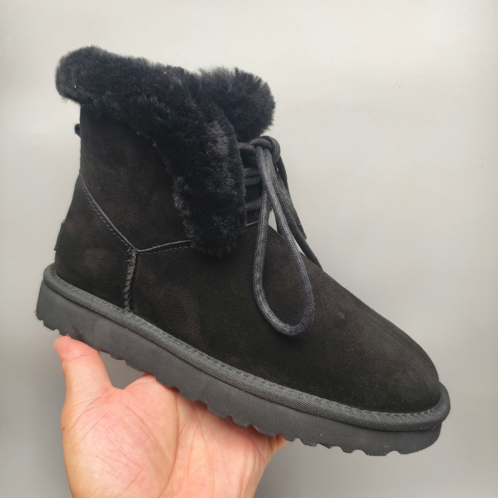 Black Lace-Up Mid-Calf Casual Boots – 4576