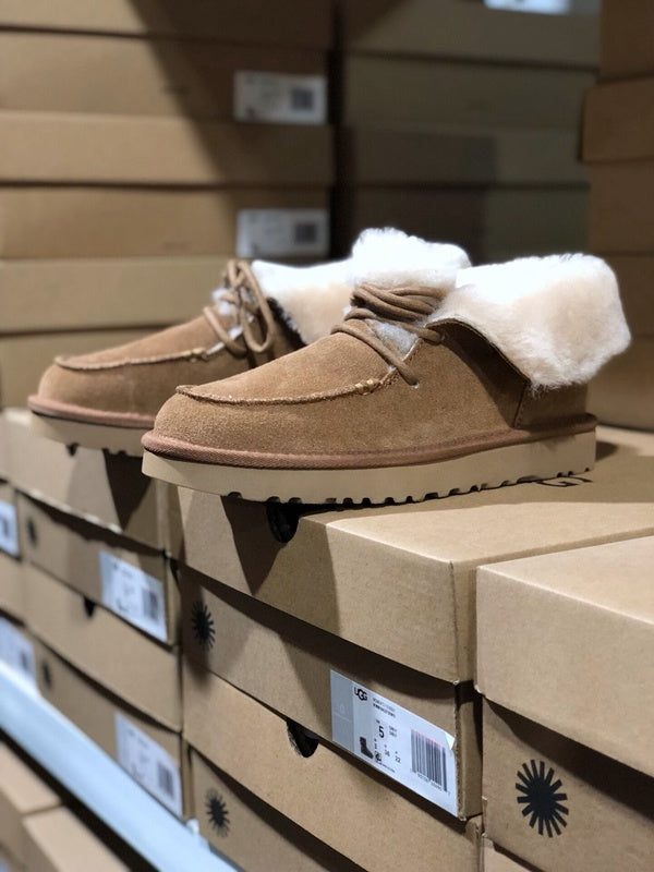 Chestnut Lace-Up Ankle Boots with Turn-Out Plush Trim | 3090