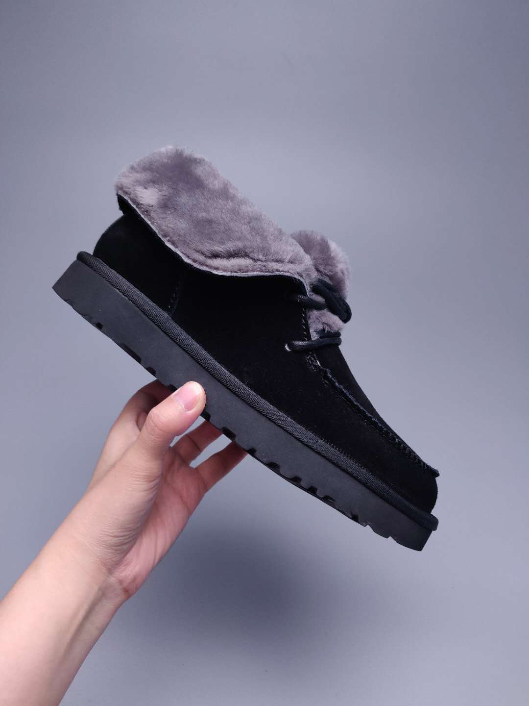 Black Lace-Up Ankle Boots with Turn-Out Plush Trim | 3090