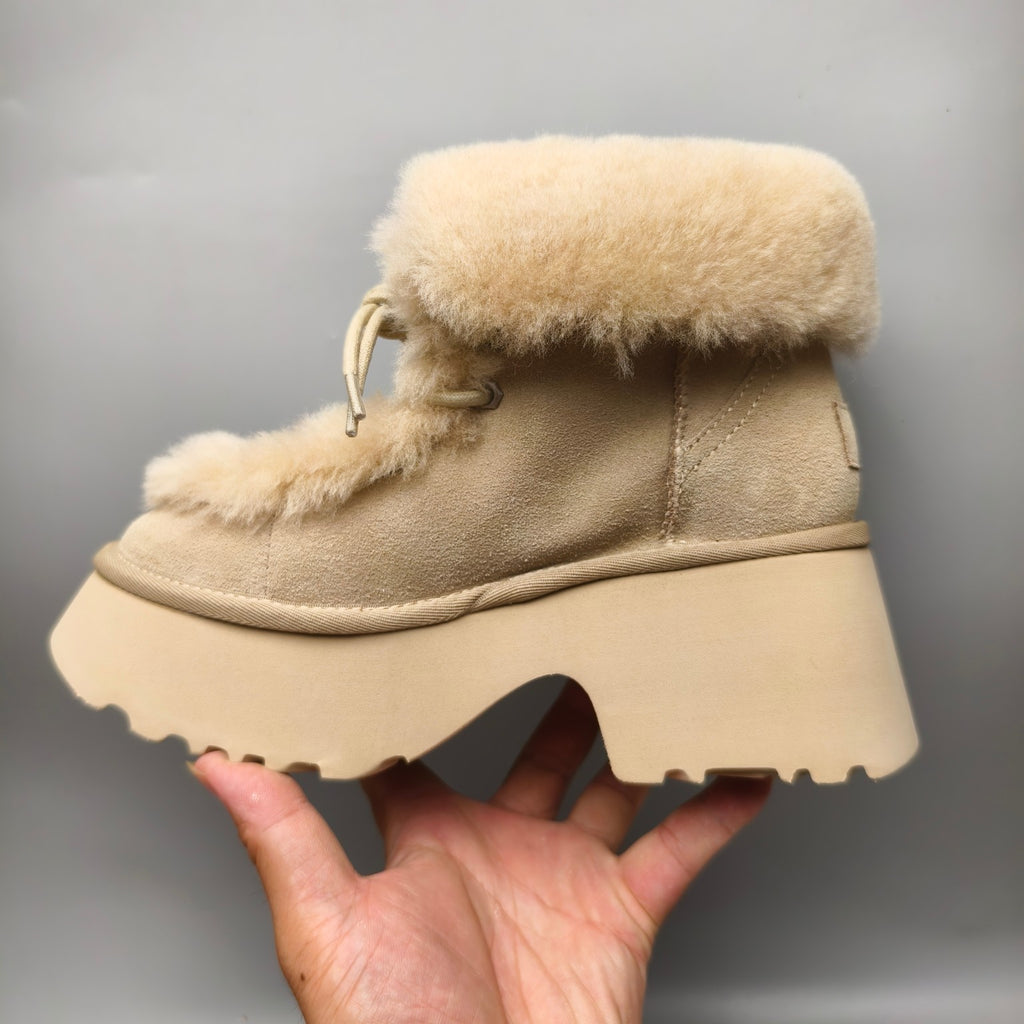 Mustard Lace-Up Wedge Ankle Boots with Plush Trim | 1532