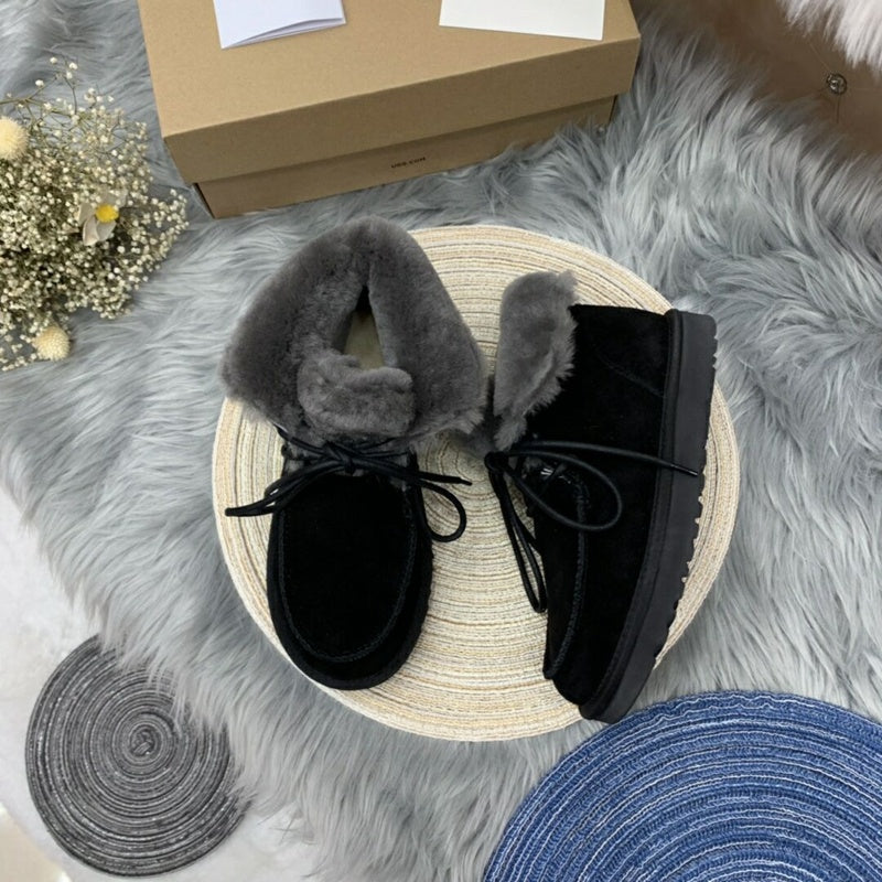 Black Lace-Up Ankle Boots with Turn-Out Plush Trim | 3090
