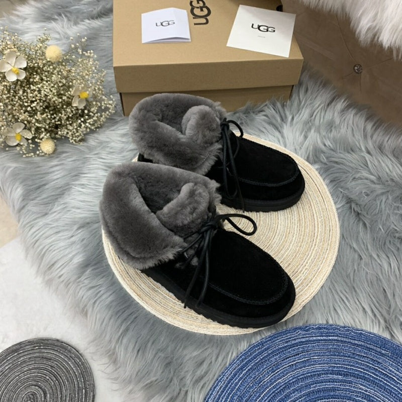 Black Lace-Up Ankle Boots with Turn-Out Plush Trim | 3090