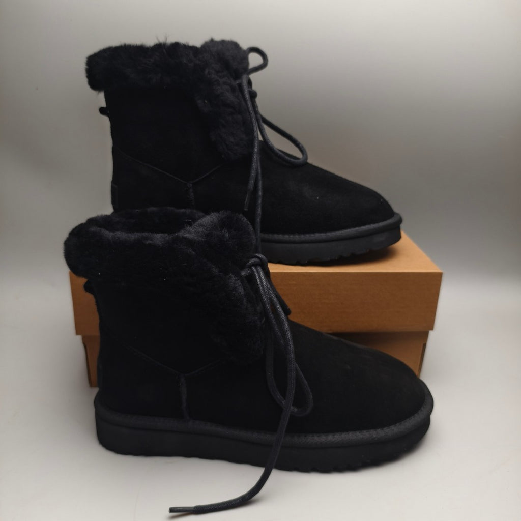 Black Lace-Up Mid-Calf Casual Boots – 4576