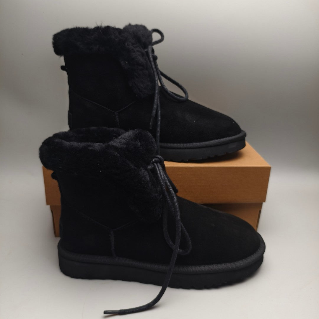 Black Lace-Up Mid-Calf Casual Boots – 4576