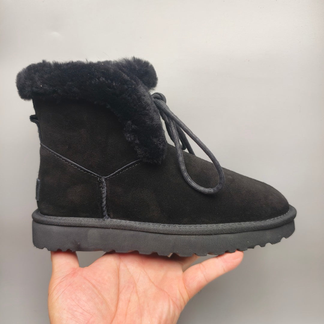 Black Lace-Up Mid-Calf Casual Boots – 4576