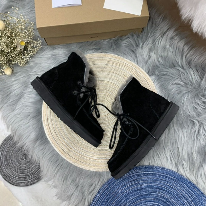 Black Lace-Up Ankle Boots with Turn-Out Plush Trim | 3090