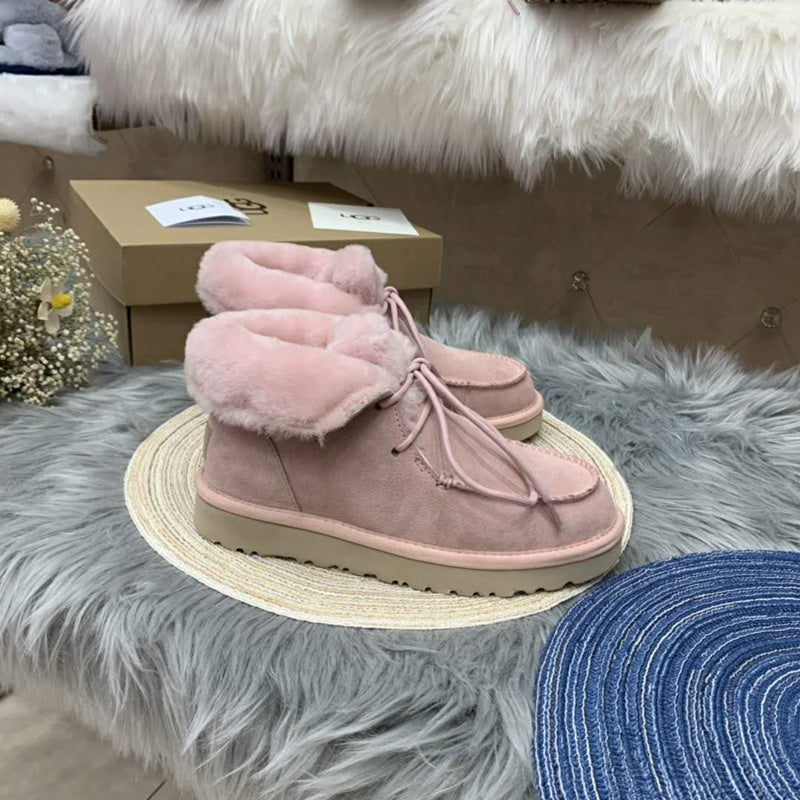 Pink Lace-Up Ankle Boots with Turn-Out Plush Trim | 3090