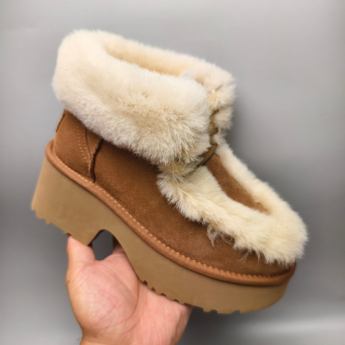 Chestnut Lace-Up Wedge Ankle Boots with Plush Trim | 1532