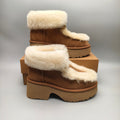 Chestnut Lace-Up Wedge Ankle Boots with Plush Trim | 1532
