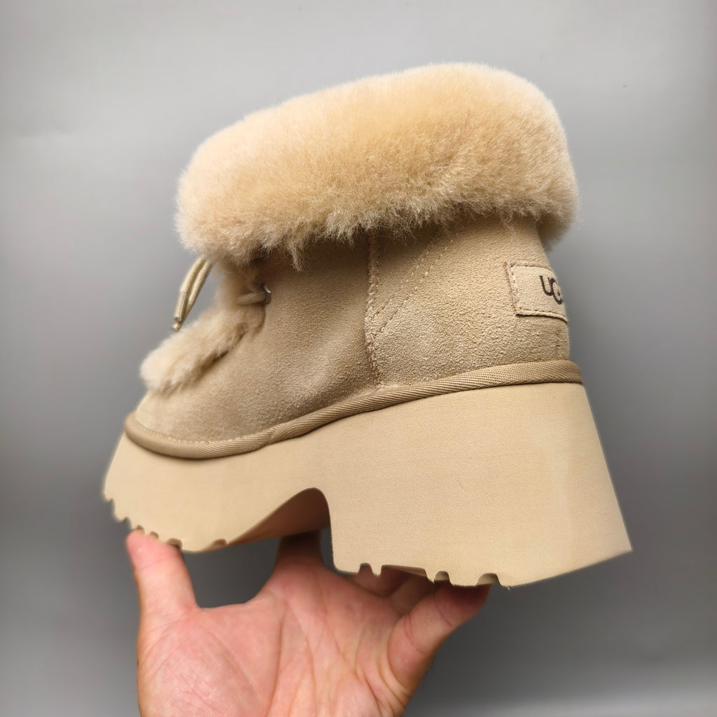 Mustard Lace-Up Wedge Ankle Boots with Plush Trim | 1532