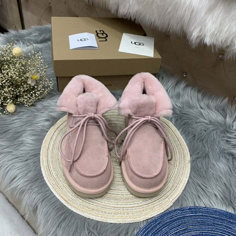 Pink Lace-Up Ankle Boots with Turn-Out Plush Trim | 3090