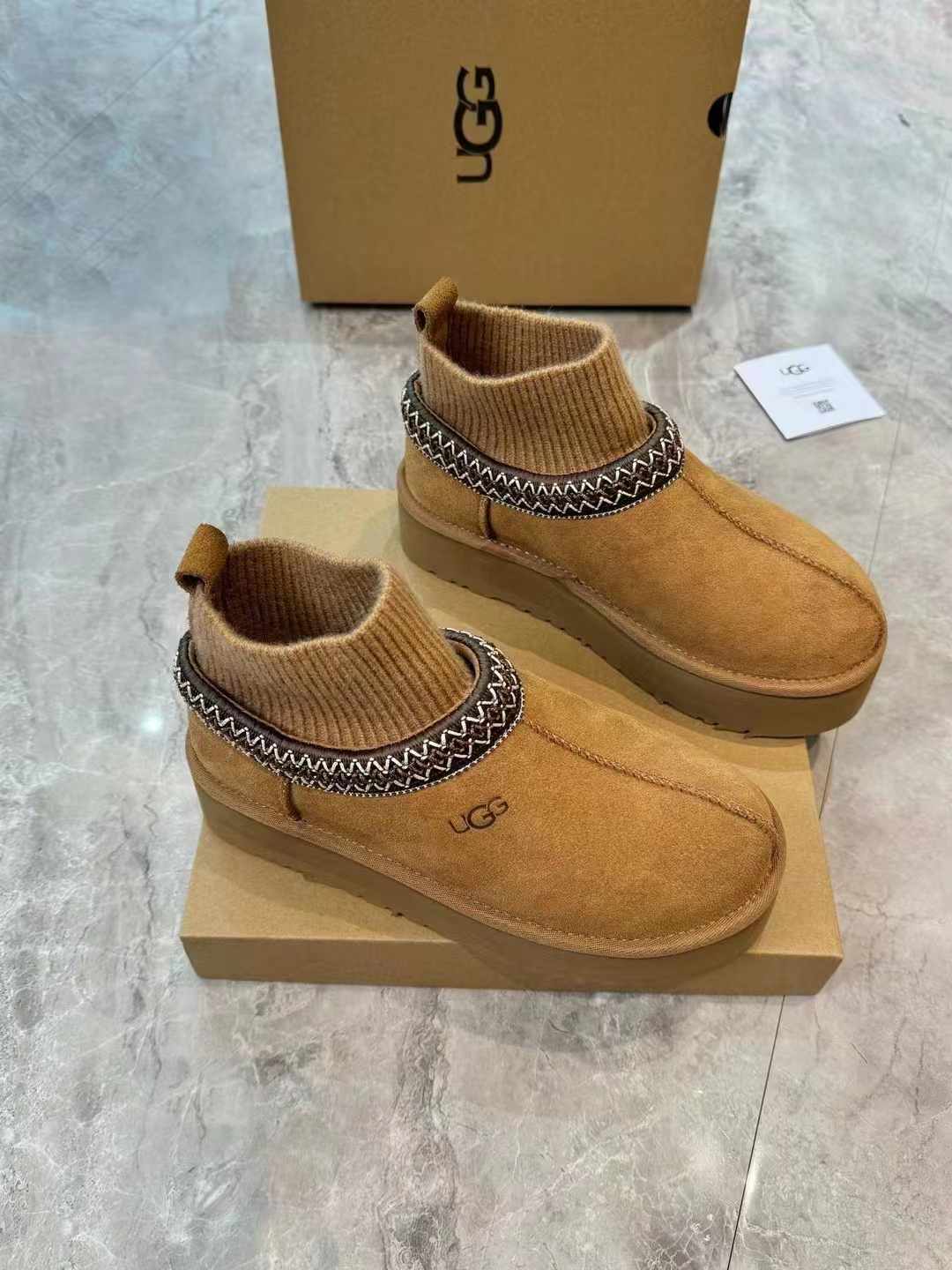 Folk-Inspired Suede Shearling Boots with Sock Cuff | 1125956