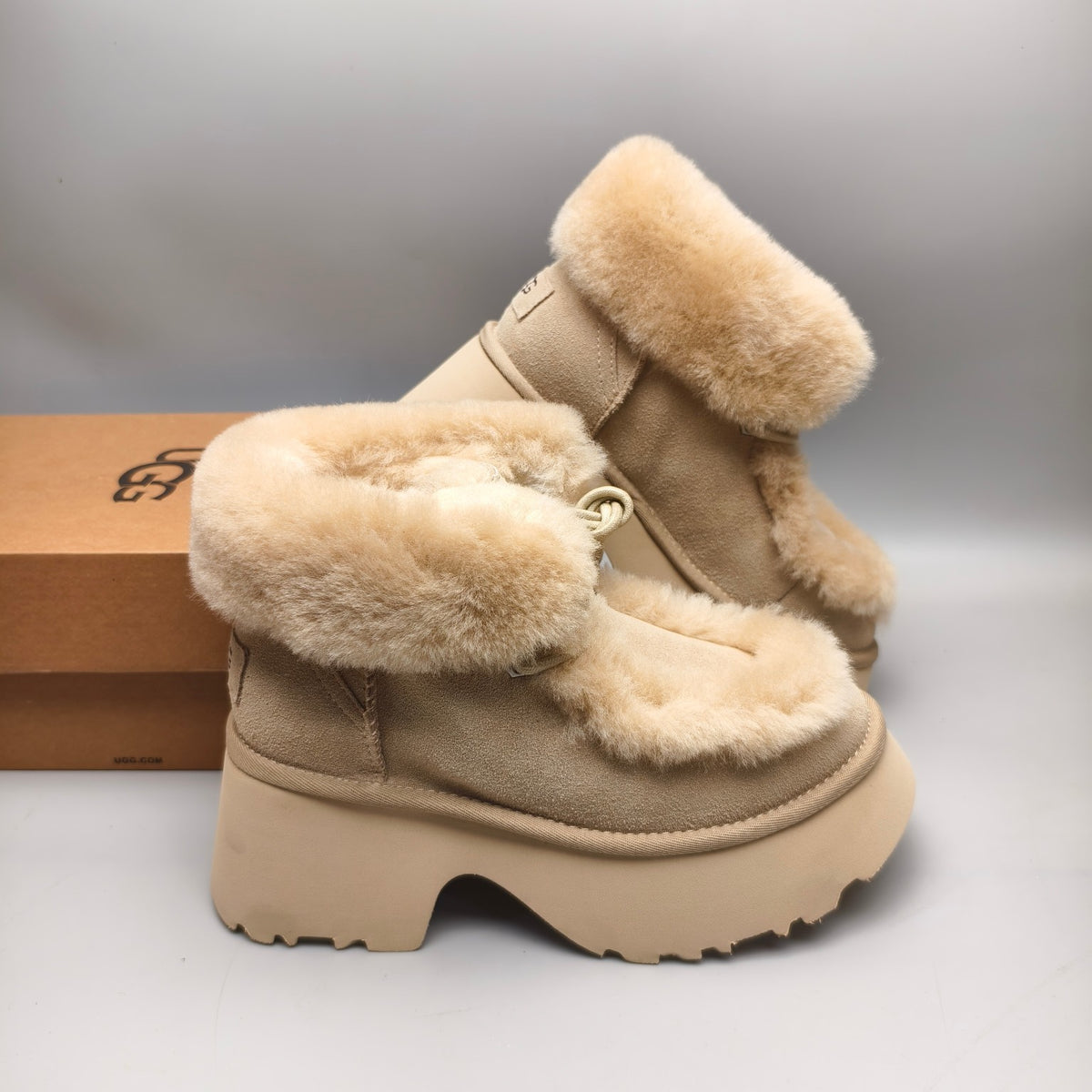 Mustard Lace-Up Wedge Ankle Boots with Plush Trim | 1532