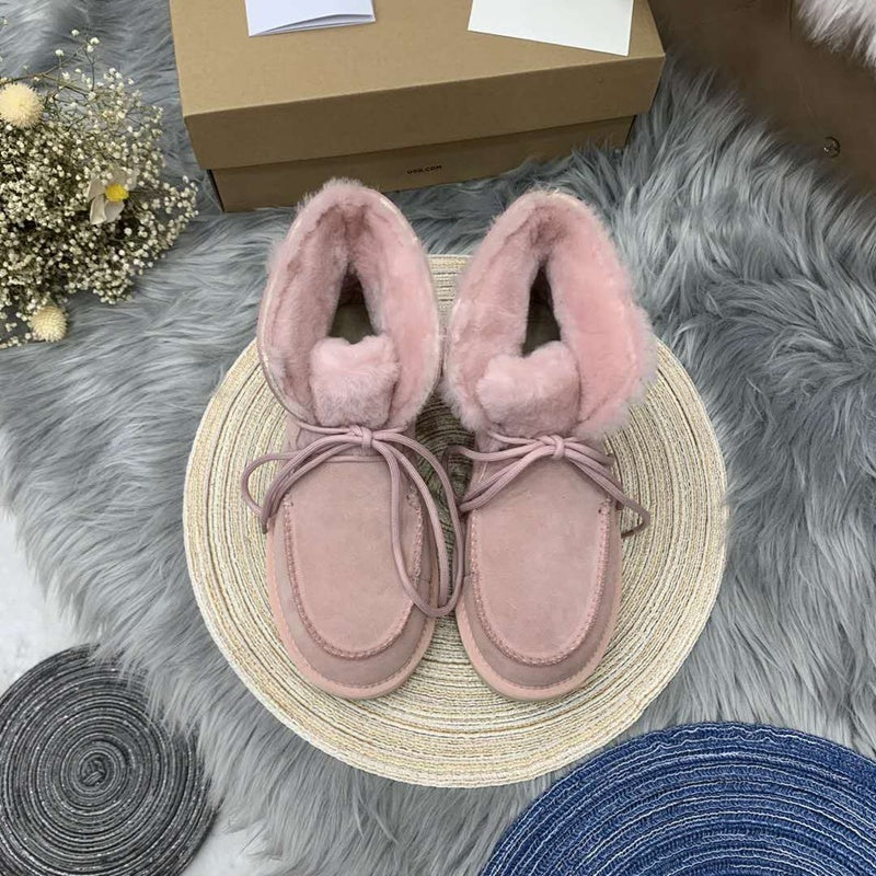 Pink Lace-Up Ankle Boots with Turn-Out Plush Trim | 3090