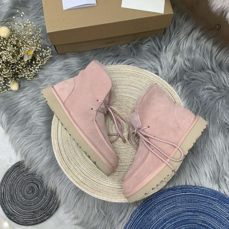 Pink Lace-Up Ankle Boots with Turn-Out Plush Trim | 3090